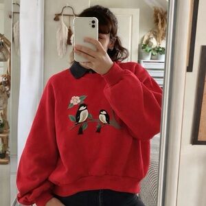 Vintage Red Layered Polo Collar Bird Embroidered Oversized Sweatshirt Sz XL